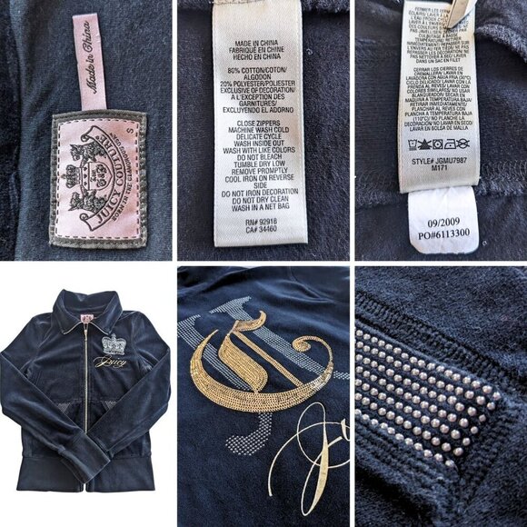 Vtg Y2K JUICY COUTURE 3pc Black Mixed Metal Velour Matching Tracksuit Set Sz S/L - Picture 8 of 11